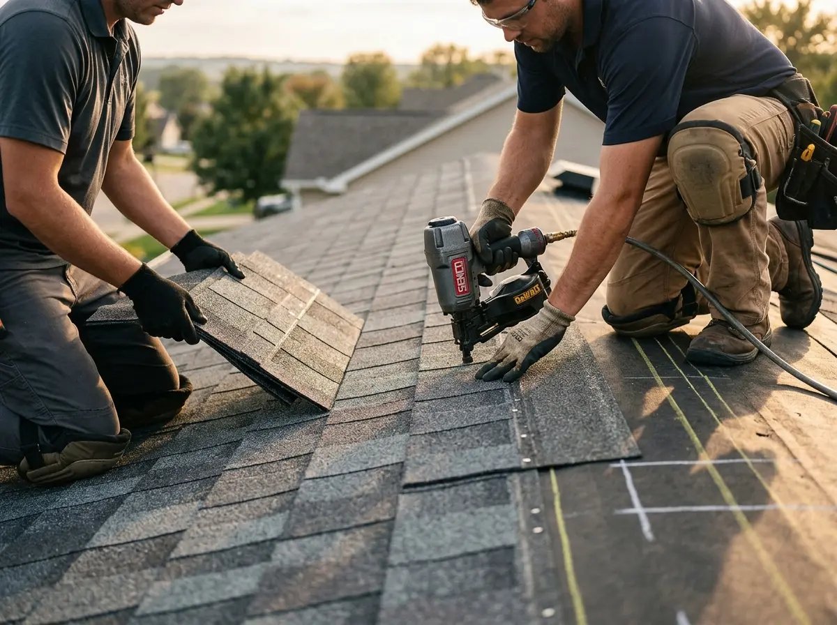 Professional roofer working on a residential roof in Nuevo